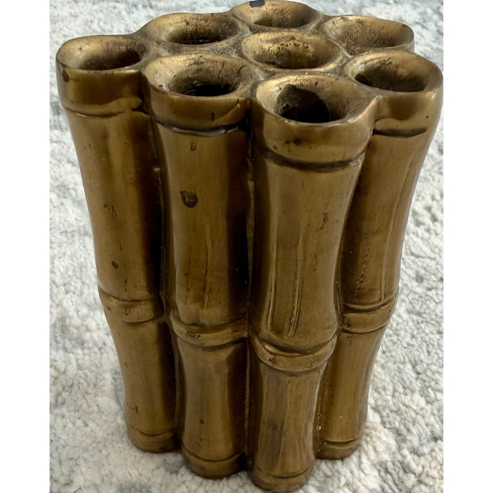 Vintage Brass Faux Bamboo Bud Vase Hollywood Regency 8-Hole Flower Frog Cluster